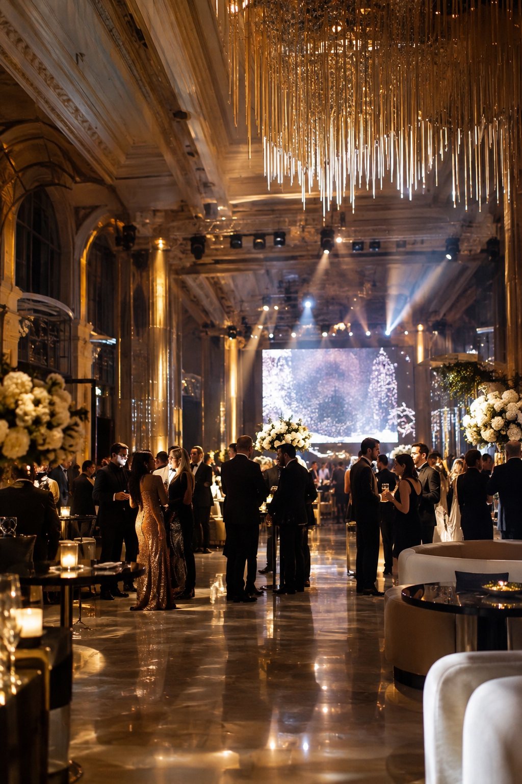 Corporate Event in einer historischen Halle mit Lichtinstallation und Gästen in Abendgarderobe
