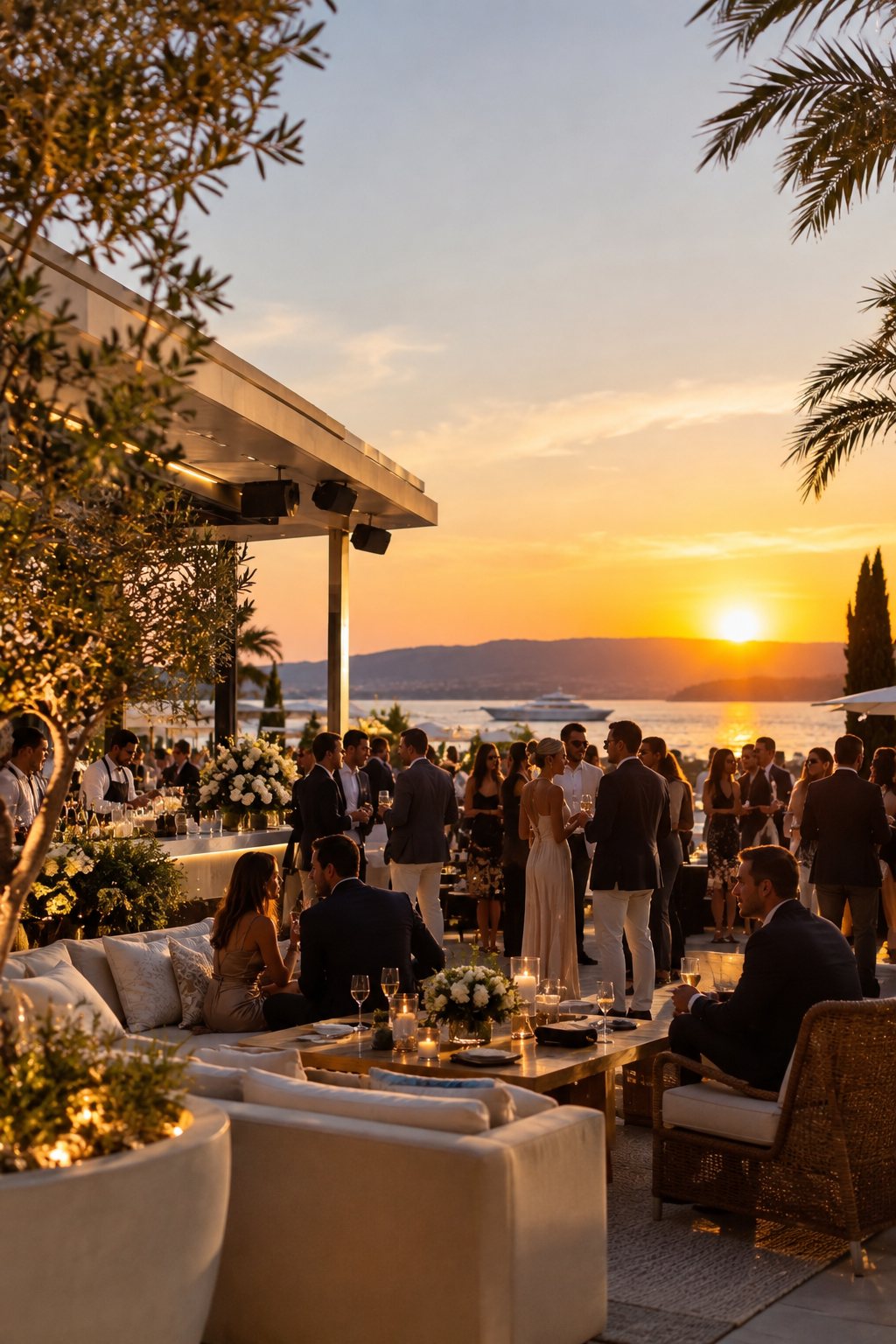 Abendempfang auf einer Terrasse am Meer bei Sonnenuntergang